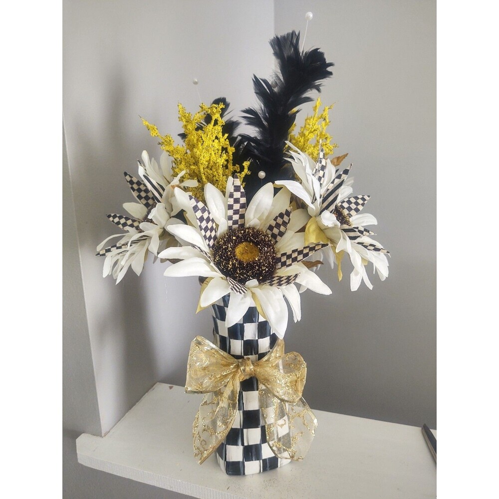 Handmade Whimsical Vase & Sunflower Bouquet with Checkerboard Check Accents